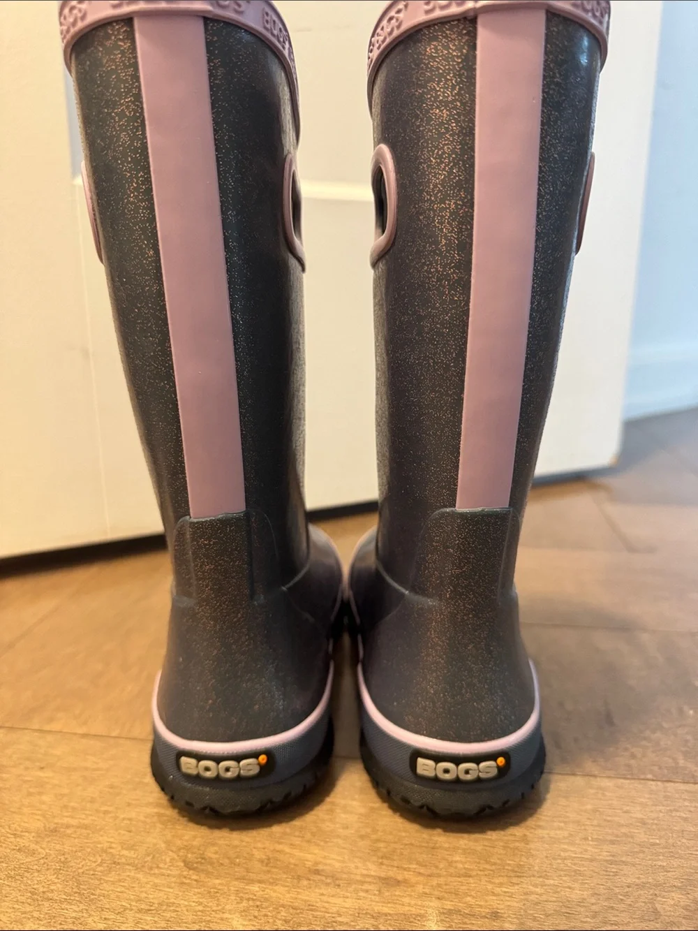 Bogs Kids Sparkle Navy Blue Rain Boots with Light Pink Trim